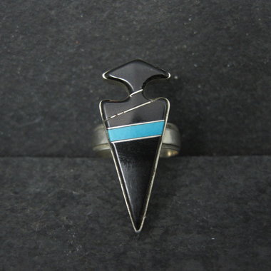 Vintage Sterling Silver Jet and Turquoise Inlay Arrowhead Ring Size 6 Betty Rose Billie Navajo