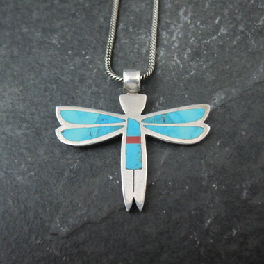 Vintage Sterling Silver Turquoise Dragonfly Maiden Pendant Necklace by Zuni Rolanda Haloo