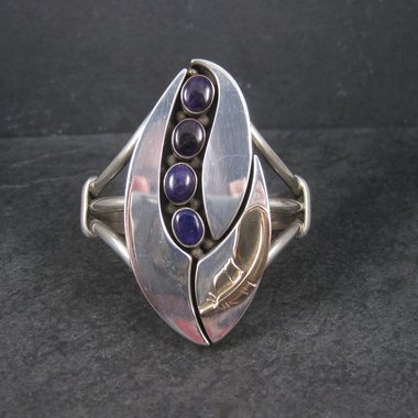 Navajo Sugilite Feather Cuff Bracelet Wilbert Cora Vandever 6.25" Sterling Silver & 14K Yellow Gold