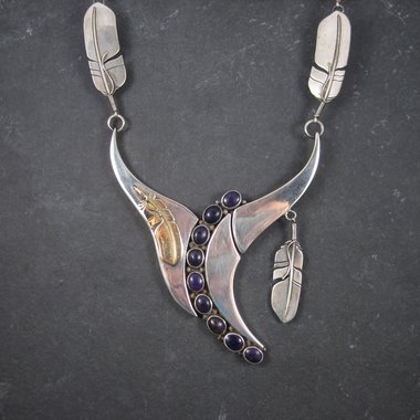 Navajo Sugilite Feather Necklace Wilbert Vandever Sterling Silver and 14K Yellow Gold