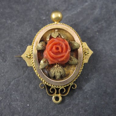 Antique Victorian 14K Coral Rose Brooch Pendant