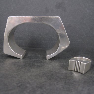 Contemporary Navajo Sterling Cuff Bracelet Ring Set Yellowhorse 6.25 Inches Size 7