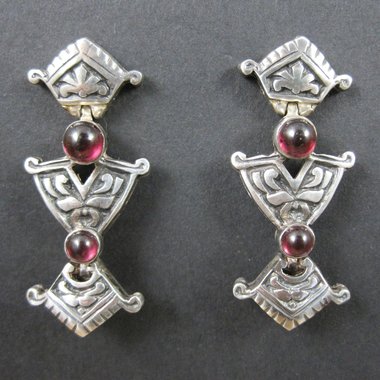 Vintage Art Nouveau Garnet Earrings | Long Sterling Silver Earrings | Antique Style Jewelry Gift for Her