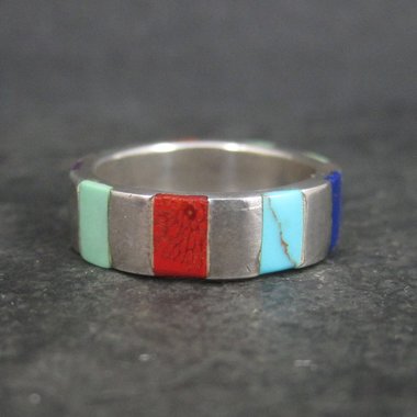 Vintage Inlaid Band Ring Southwestern Sterling Silver Size 7