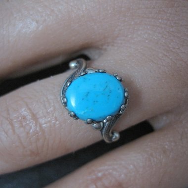 Vintage Art Deco Turquoise Sterling Silver Ring, New Old Stock