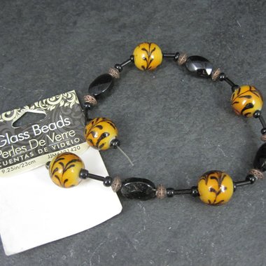 Orange Lampwork Black Glass Bead Strand Cousins 9.25"