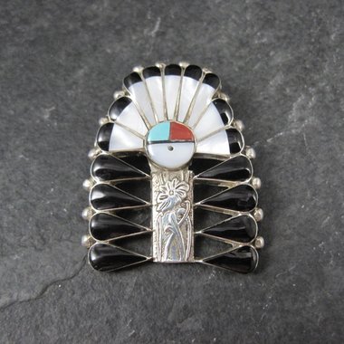 Southwestern Inlay Sunface Headdress Pendant Brooch