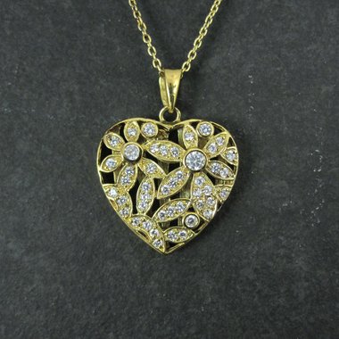 Estate Vermeil Sterling Flower Heart Pendant Necklace