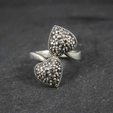 Vintage Sterling Silver Marcasite 2 Heart Ring Size 7
