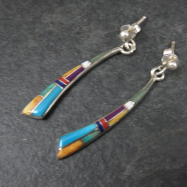 Dainty Southwestern Inlay Earrings Sterling Silver Estate Jewelry