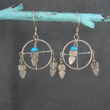 Vintage Turquoise Feather Earrings Southwestern Sterling Silver