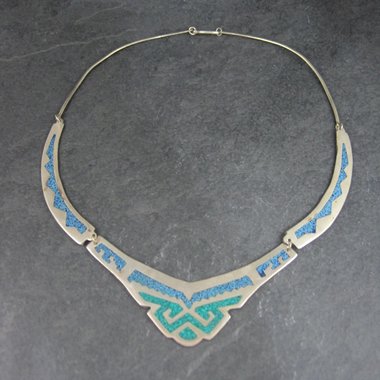 Vintage Mexican Alpaca Inlay Necklace