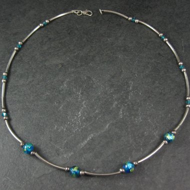 Blue Dichroic Glass and Crystal Bead Necklace Sterling Silver 19"