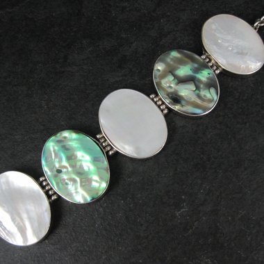 Vintage Sterling Silver Mother of Pearl and Abalone Toggle Bracelet 8"