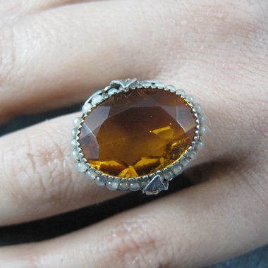 Antique Filigree Sterling Topaz Glass Leaf Ring Size 6