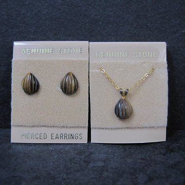 Vintage Tigers Eye Stud Earrings & Necklace Jewelry Set NOS