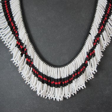 Vintage Black Red White Beaded Collar Necklace