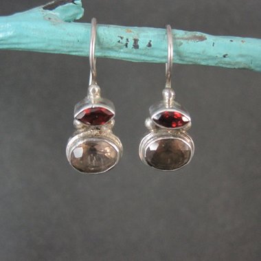 Sterling Garnet Smoky Quartz Earrings Latch Back