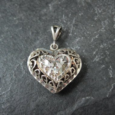 Vintage Puffy Filigree Heart Pendant Reversible Sterling Silver Diamond Cut