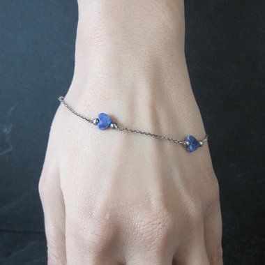 Dainty Vintage Sodalite Heart Bracelet Sterling Silver 7.5"