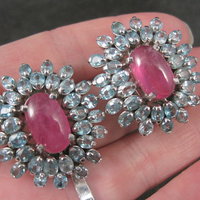 Large Pink Sapphire Blue Topaz French Back Earrings