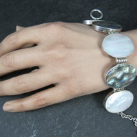 Vintage Sterling Silver Mother of Pearl and Abalone Toggle Bracelet 8"