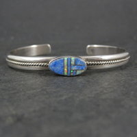 Southwestern Sterling Denim Lapis and Opal Inlay Cuff Bracelet 6.5