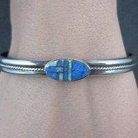 Southwestern Sterling Denim Lapis and Opal Inlay Cuff Bracelet 6.5