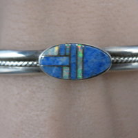 Southwestern Sterling Denim Lapis and Opal Inlay Cuff Bracelet 6.5