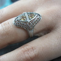 Vintage Sterling Silver Filigree Citrine Ring Size 6 Art Deco Reproduction
