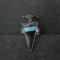 Vintage Sterling Silver Jet and Turquoise Inlay Arrowhead Ring Size 6 Signed