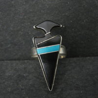 Vintage Sterling Silver Jet and Turquoise Inlay Arrowhead Ring Size 6 Signed