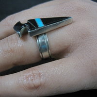 Vintage Sterling Silver Jet and Turquoise Inlay Arrowhead Ring Size 6 Signed