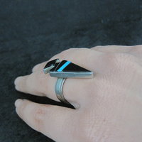 Vintage Sterling Silver Jet and Turquoise Inlay Arrowhead Ring Size 6 Signed