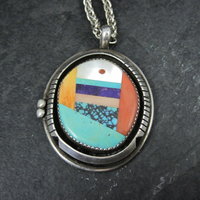 Large Sterling Silver Native American Inlay Pendant Necklace
