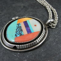 Large Sterling Silver Native American Inlay Pendant Necklace
