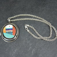 Large Sterling Silver Native American Inlay Pendant Necklace