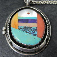 Large Sterling Silver Native American Inlay Pendant Necklace