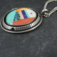 Large Sterling Silver Native American Inlay Pendant Necklace