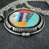 Large Sterling Silver Native American Inlay Pendant Necklace