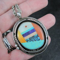 Large Sterling Silver Native American Inlay Pendant Necklace