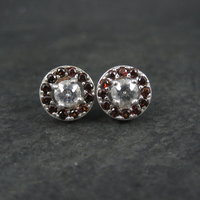 Quartz and Garnet Halo Stud Earrings Sterling Silver