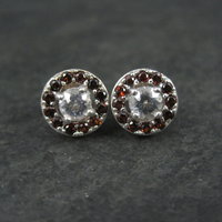 Quartz and Garnet Halo Stud Earrings Sterling Silver