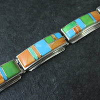 Vintage Southwestern Gemstone Inlay Bracelet Sterling Silver 6.75"