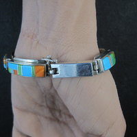 Vintage Southwestern Gemstone Inlay Bracelet Sterling Silver 6.75"