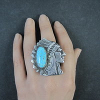 Huge Navajo Turquoise Chieftain Indian Head Ring Size 8