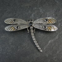 Large Sterling Silver Dragonfly Brooch with Onyx Enamel Marcasites