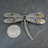Large Sterling Silver Dragonfly Brooch with Onyx Enamel Marcasites