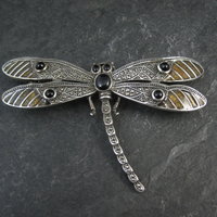 Large Sterling Silver Dragonfly Brooch with Onyx Enamel Marcasites
