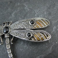 Large Sterling Silver Dragonfly Brooch with Onyx Enamel Marcasites